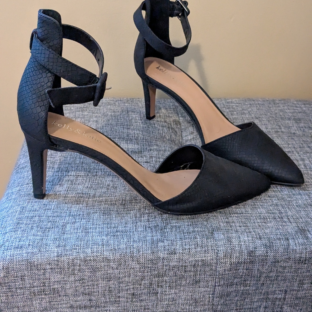 Black Pointed-Toe Heels with Ankle Strap